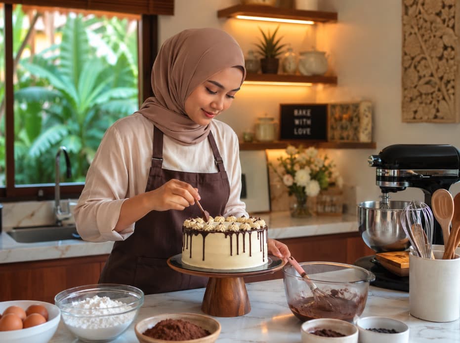 Baker hand-decorating a custom birthday cake in our Bali kitchen